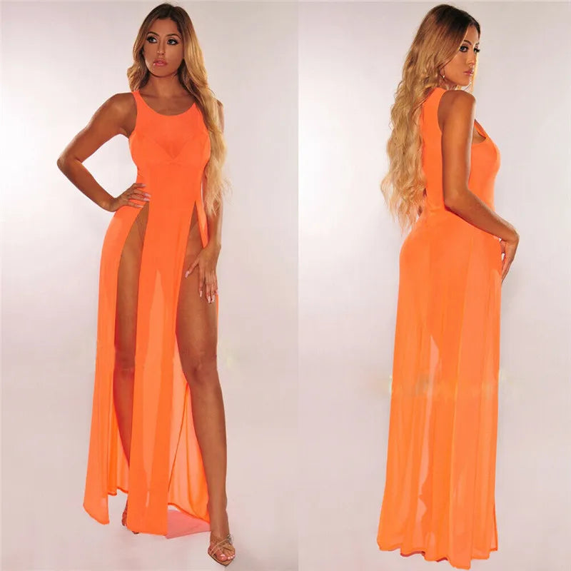 Vestido largo transparente de malla sexy para mujer