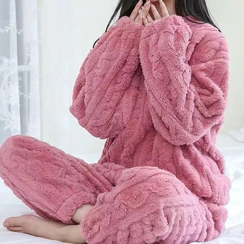 Conjunto de pijama de dos piezas para mujer, liso y cálido, de terciopelo grueso