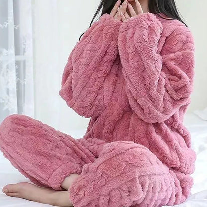 Conjunto de pijama de dos piezas para mujer, liso y cálido, de terciopelo grueso