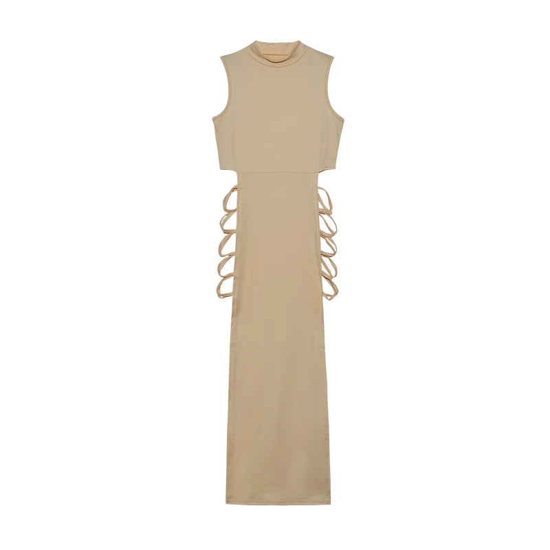 Vestido con cortes cruzados, sexy, ajustado, con cuello alto y sin mangas, ropa de mujer