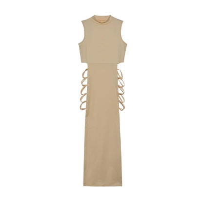 Vestido con cortes cruzados, sexy, ajustado, con cuello alto y sin mangas, ropa de mujer