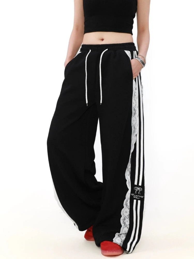 HOUZHOU Y2k Pantalones de retazos de encaje para mujer, pantalones deportivos holgados blancos de estilo coreano