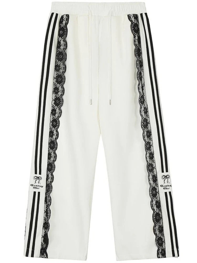 HOUZHOU Y2k Pantalones de retazos de encaje para mujer, pantalones deportivos holgados blancos de estilo coreano