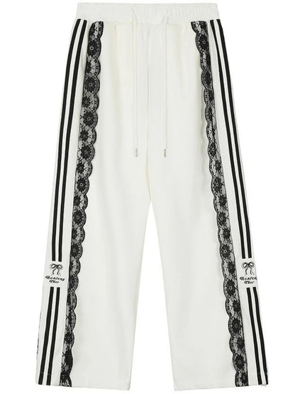 HOUZHOU Y2k Pantalones de retazos de encaje para mujer, pantalones deportivos holgados blancos de estilo coreano