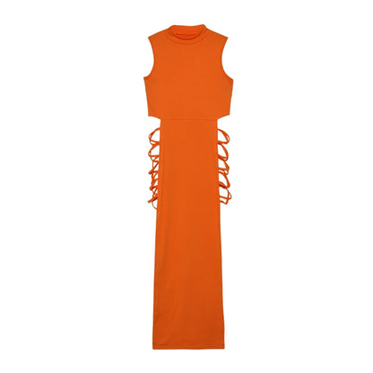Vestido con cortes cruzados, sexy, ajustado, con cuello alto y sin mangas, ropa de mujer