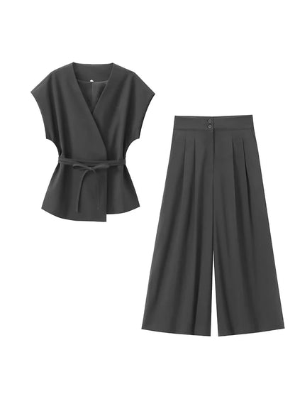 TFMLN Conjunto de pantalón de moda para mujer, sin mangas, cuello en V, top con cinturón, pantalones rectos
