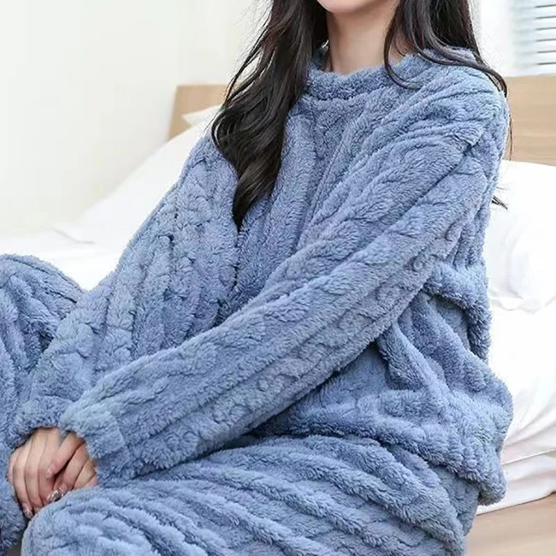 Conjunto de pijama de dos piezas para mujer, liso y cálido, de terciopelo grueso